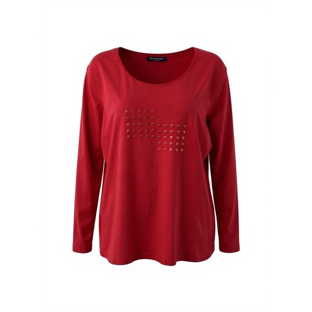 Devernois Shirt‎ Womens UK 20 FR 48 Red Long Sleeve Studded Scoop Neck Stretch